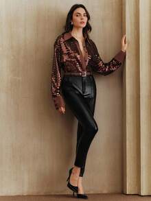 Anewsta Áo sơ mi nữ chuyên nghiệp túi sequin mờ mới thu - màu nâu - Xem 6