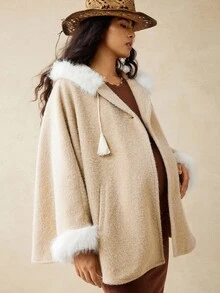 Boho Mama Pregnant Women's Casual Warm Patchwork Faux Fur Trim Hooded Loose Jacket, Winter  Women's Winter Coat