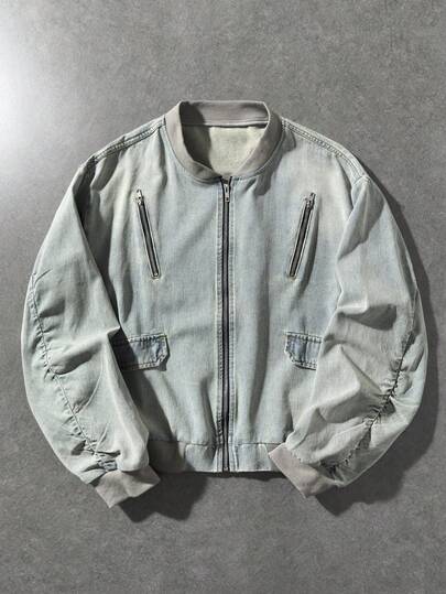 Street Life Chaqueta de béisbol de mezclilla con cremallera y detalle de solapa, casual y de moda para hombre, para primavera/otoño