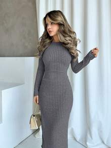 Jemour Vestido ajustado de punto acanalado negro sólido, para mujeres petite - Gris Oscuro - Ver 4