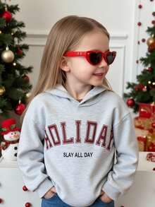 Genkimix Kids 1pc Young Girl Holiday Red Letter Print Long Sleeve Sweatshirt, Casual Loose Fit, Autumn/Winter - Grey - View 6