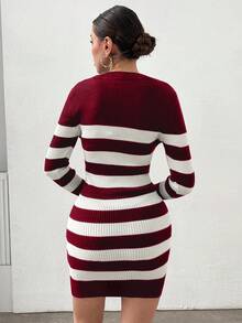 EURMUSE Striped Print Fitted Elegant Long Sleeve Knit Sweater Dress - Burgundy - View 2