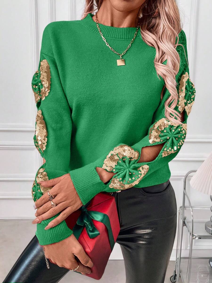 SHEIN Clasi 情人节圆领蝴蝶结亮片套头毛衣 - 綠色 - 查看 1