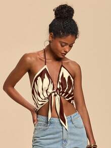 Travachic Áo ba lỗ in họa tiết dệt màu tương phản thời trang cổ điển dây mảnh buộc dây mảnh cho nữ - màu nâu - Xem 4