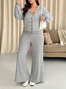 Vionelle 大码女式法式休闲优雅毛绒长袖上衣和裤子两件套，秋冬款 - 淺灰色 - 查看 1