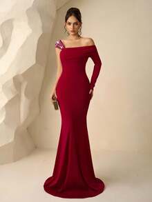 Coutiva Women's Asymmetric Neck Long Sleeve Mermaid Hem Fitted Elegant Luxurious Heavily Embellished Burgundy Wine Red One Shoulder Formal Evening Gown Dress - Burgundy - View 6