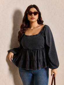Elaquor Plus Size Women Square Neck Lantern Sleeve Ruffle Hem Casual Dark Grey T-Shirt Casual Shirt For Women Casual For Women - Black - View 6