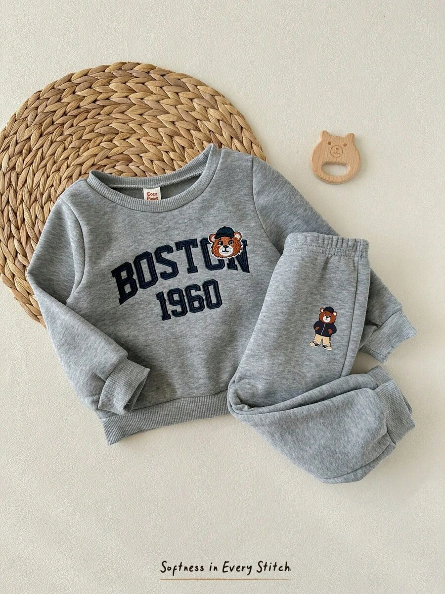 Cozy Pixies 2pcs/Set Baby Boys Cartoon Bear Pattern Knitted Soft Crew Neck Long Sleeve Pullover Sweatshirt And Elastic Waist Pants, Thermal Lined Thick Set For Winter - Light Grey - View 1