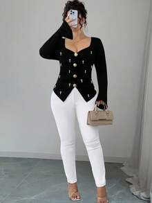 Elenzga Bluzka w dużym rozmiarze z metalową klamrą, zdobiona koralikami, z rozszerzanymi rękawami i asymetrycznym dołem i długim rękawem