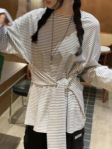 DAZY Women's Casual Striped Round Neck Long Sleeve T-Shirt, Spring/Autumn - Grey - View 4