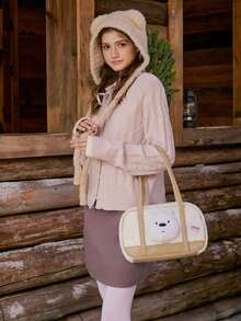 We Bare Bears X SHEIN 1 Túi tote vải nhung chắp vá thời trang màu kaki dung tích lớn - Màu Khaki - Xem 2