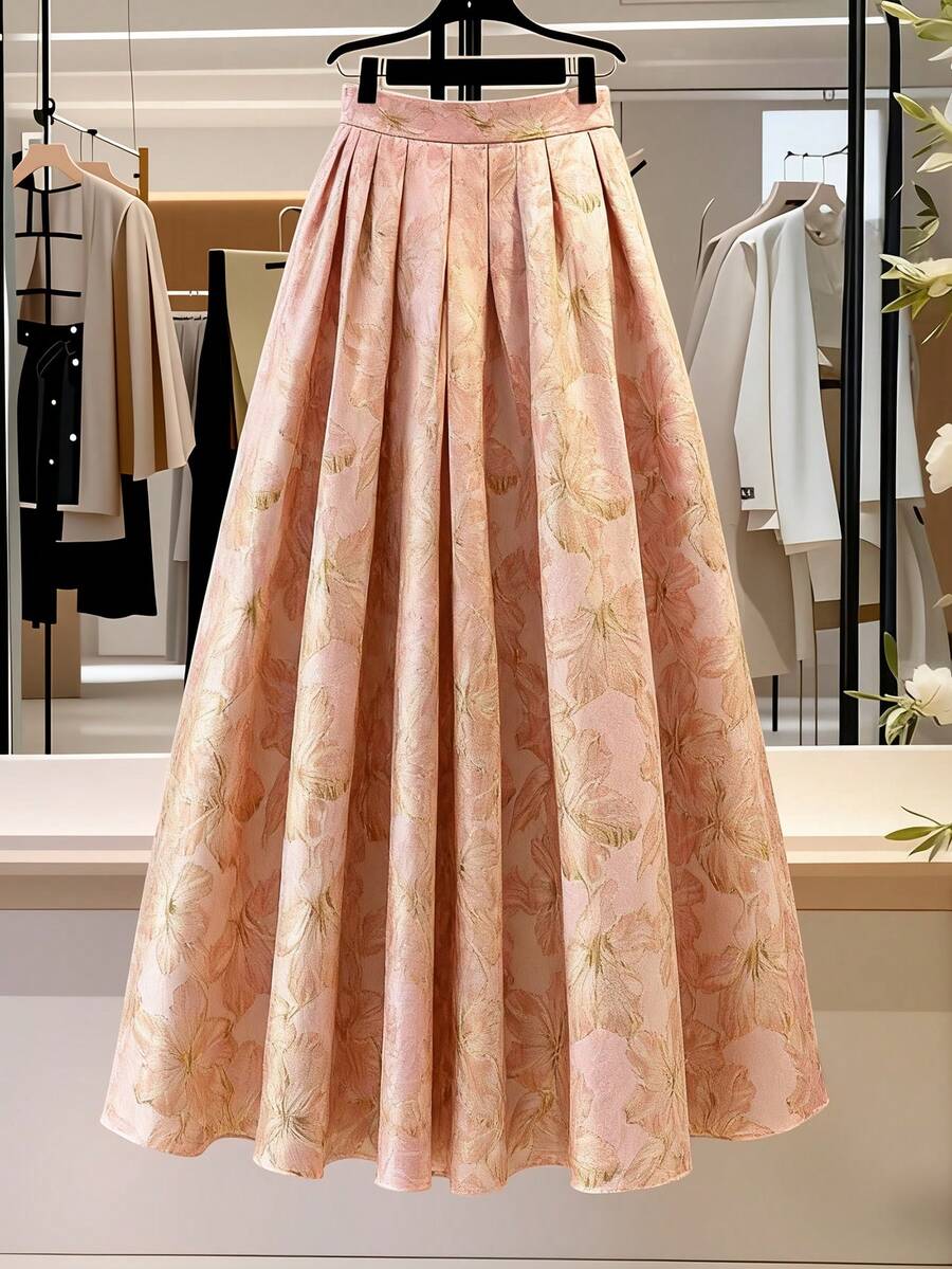 Franclia 女士粉色纹理面料A字裙，宫廷风，适合日常穿着、下午茶、度假、情人节等场合。长款碎花裙，优雅长裙，女士长裙，碎花正式礼服裙，百褶裙，女士长裙，百褶长裙，粉色碎花裙，女士碎花正式礼服裙，女士长裙，正式碎花裙 - 粉色 - 查看 1