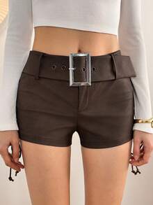 SHEIN Tall Pantalones cortos de mujer con detalle de ojales y amarre lateral en la cintura, color chocolate - Marrón - Ver 10