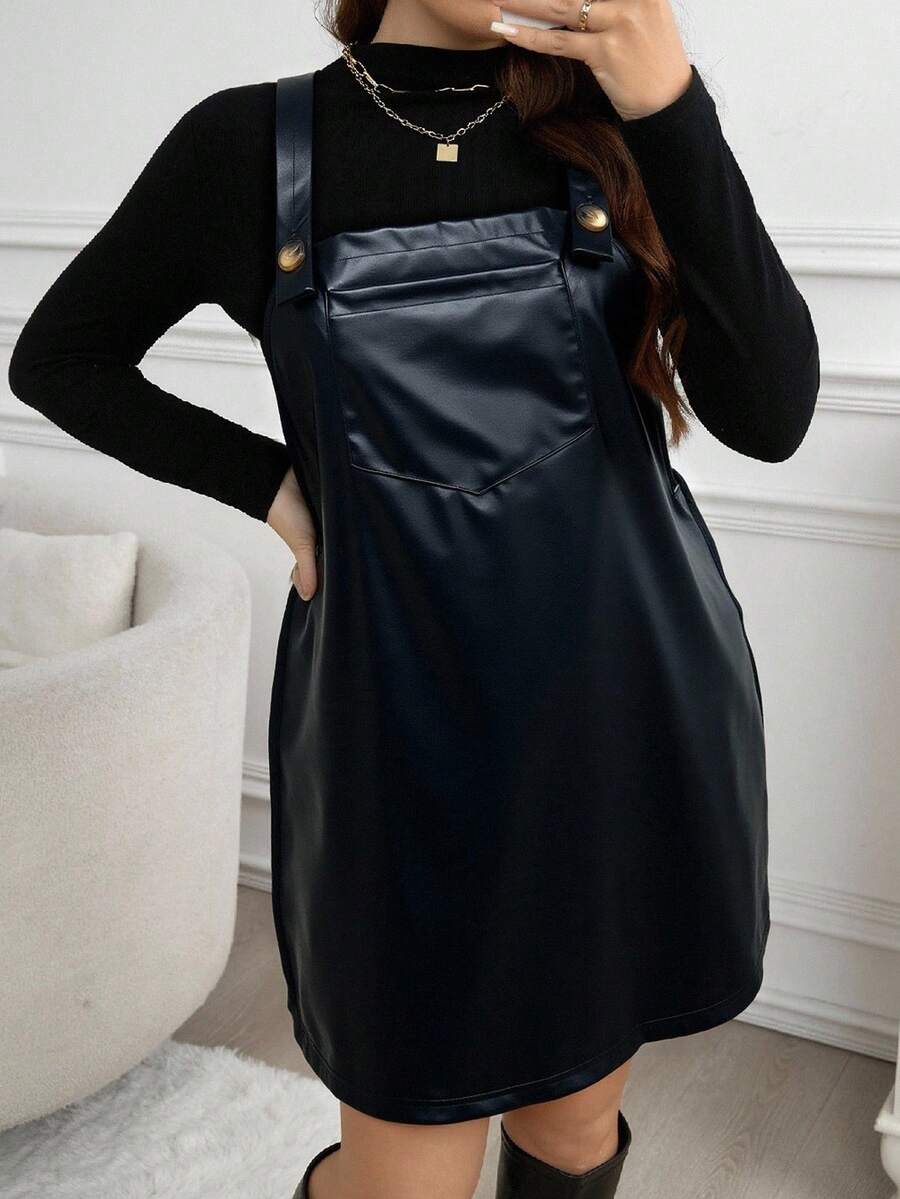 SHEIN LUNE 大码女式纯色口袋PU皮革休闲吊带连衣裙，秋季款 - 黑色 - 查看 1
