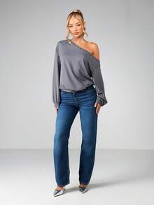 MISSGUIDED Off Shoulder Long Sleeve Top With Metal Eyelet Detailing Asymmetric Neckline One Shoulder Design Drop Shoulder Fit Casual Blouse For Fall Winter - Dark Grey - View 3