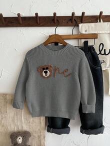 SHEIN LMoss Kids 男童可爱小熊图案落肩圆领套头毛衣，舒适休闲，适合居家、户外、上学、秋冬季穿着。 - 灰色 - 查看 3