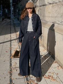 FRIFUL Women's Casual Fashion Street Loose Drop Shoulder Denim Shirt And Wide Leg Jeans Set, Spring/Autumn