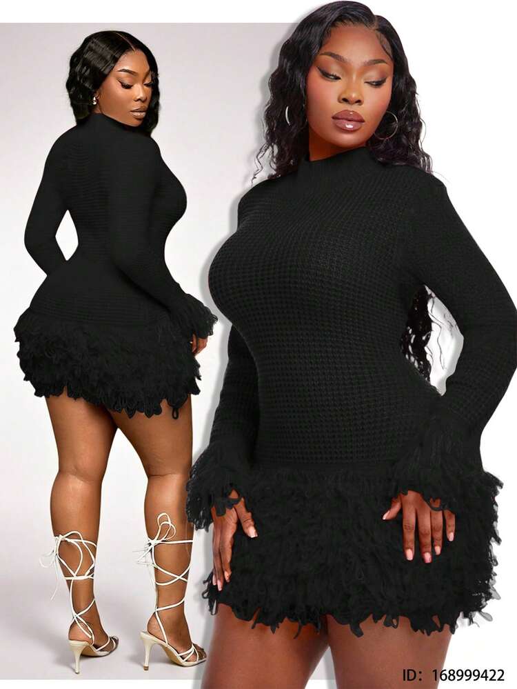 Radiana Vestido de Tricô Curto Preto de Manga Longa com Franjas para Mulheres Plus Size, Outono/Inverno - Preto - Visão 7