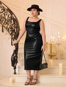 SHEIN MOD Große Größen PU-Leder Damen Braun Kleid, Cocktailkleider für Damen, Geburtstagskleid für Damen, Winterkleid, Herbstkleid, elegante Kleider für Partys, Abendkleid, Chic Hochzeitskleid - Schwarz - Übersicht 8