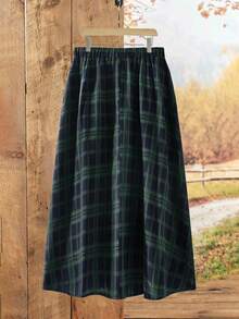 Rusticease 女士格子松紧腰休闲喇叭裙，学院风绿色 - 綠色 - 查看 2