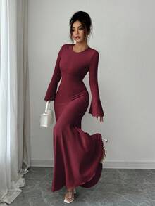 Elenzga Women's Elegant Stretchy Fitted Mermaid Hem Ruffle Sleeve Dress, Autumn/Winter - Red - View 4