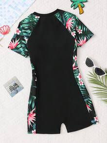 SHEIN 少女新款休闲度假泳衣，夏季沙滩黑色拼接绿色植物花卉拉链连体泳衣，夏季沙滩，冲浪 - 黑色 - 查看 2