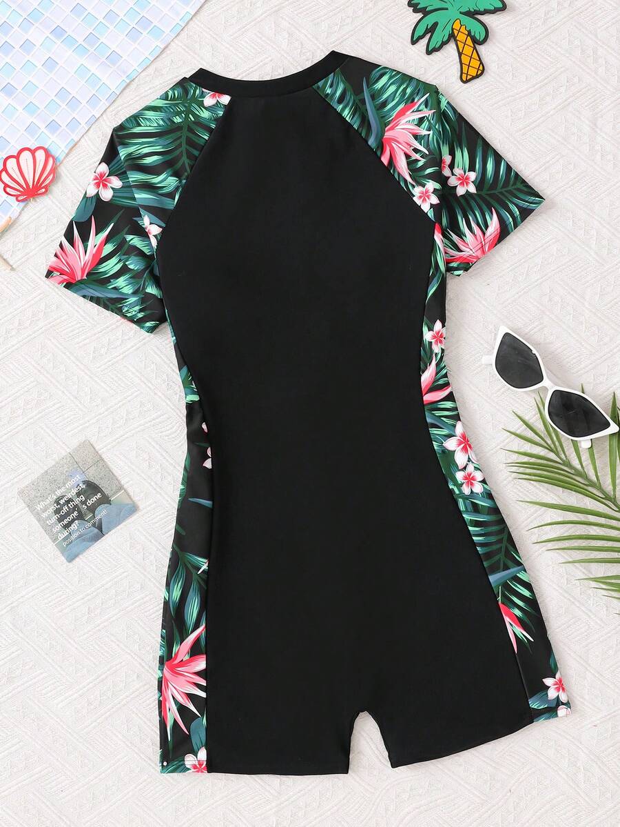 SHEIN Đồ bơi liền thân họa tiết hoa lá xanh vá màu đen cho bé gái tuổi teen đi nghỉ mát mùa hè, Đồ bơi một mảnh họa tiết hoa lá xanh lá cây, đi biển mùa hè, lướt sóng - màu đen - Xem 1