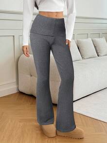 SHEIN Tall 女士弹力腰带休闲喇叭针织裤，秋冬季百搭单品 - 灰色 - 查看 6