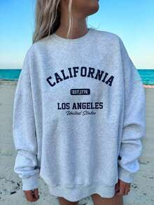 Veykashi Light Gray Casual Minimalist California Los Angeles Graphic Print Loose Fit Crew Neck Long Sleeve Sweatshirt For Women, Suitable For Airport And Street Wear Grey Sweatshirt California Sweatshirt Plus Size Letter Print Sweatshirt Drop Shoulder Sweatshirt In Fall/Winter