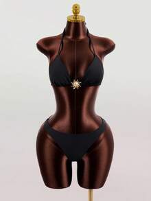 Zestiva Bộ trang phục dự tiệc 4 món cho nữ: Áo cổ xếp ly lấp lánh, Chân váy ngắn bó sát có dây rút, Bikini buộc dây - màu đen - Xem 6