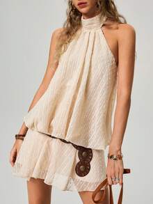 Freevana 女士纯色露背吊带无袖迷你连衣裙 - 杏色 - 查看 3