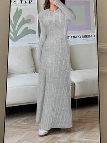 SHEIN EZwear Váy len dệt kim đơn giản, màu trơn, dáng suông ... - Xám - Xem 4