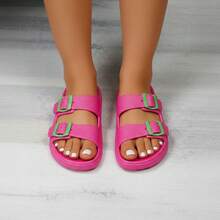 Sandalias para hombre ajuste doble hebilla punta abierta sin cordones suela antideslizante estilo casual ocasión playa verano descanso - Rosa Fucsia - Ver 3