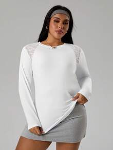 SHEIN Sports 大码女式几何网眼拼接圆领长袖运动T恤 - 白色 - 查看 5