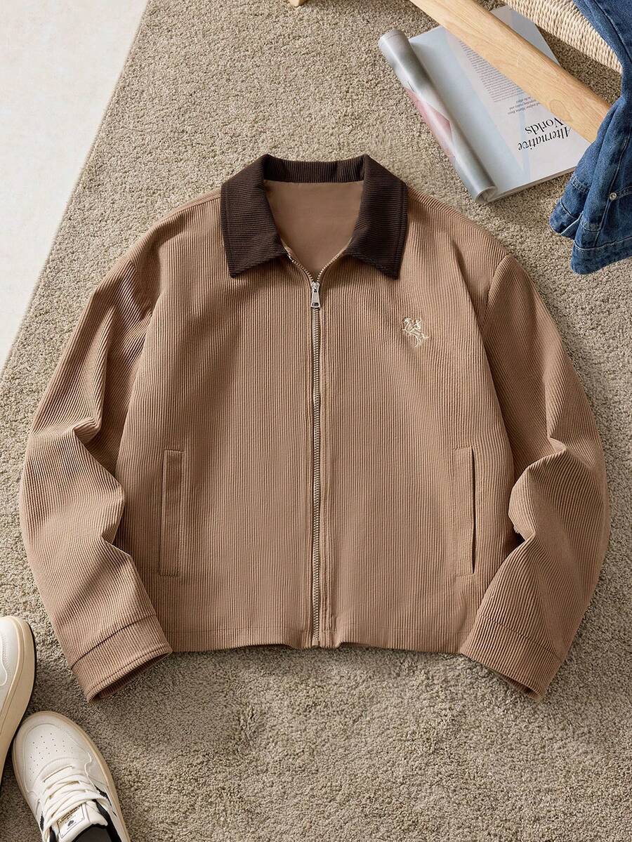 SWAVVY Áo khoác nam tay dài cổ thêu họa tiết hiệp sĩ thoải mái, đa năng, màu sắc tương phản - Nhiều màu - Xem 1