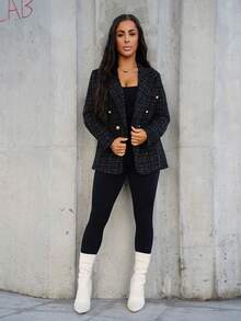 SAYEHFBABY Lapel Neck Double Breasted Tweed Blazer Fall Cloth For Women - Black - View 1