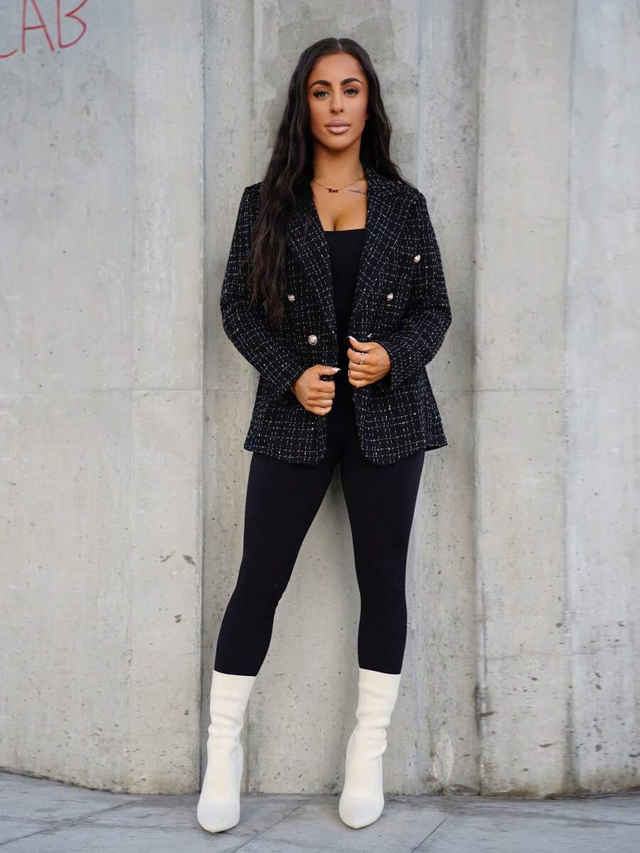 SAYEHFBABY Lapel Neck Double Breasted Tweed Blazer Fall Cloth For Women - Black - View 1