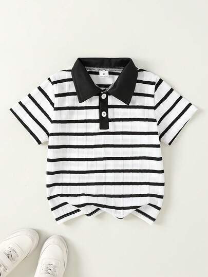 SHEIN 1件男童休闲学院风华夫格条纹针织V领polo衫，适合春夏穿着。适合上学和居家穿着。