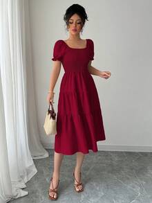 Vestido casual de mujer de unicolor, vestido largo de manga corta con cuello cuadrado en color caqui, vestido holgado de línea A con cintura ceñida para vacaciones - Rojo - Ver 5