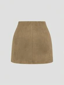 Sweetra Plus Size Brown Pleated Asymmetric Zipper Back Suede Fuzzy Fabric Short Skirt, Minimalist Style For Commuting, Autumn/Winter - Khaki - View 2