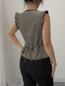 Elenzga 女士优雅撞色荷叶边拼接腰部系带衬衫，配以飘逸的荷叶袖，秋季款 - 彩色 - 查看 2