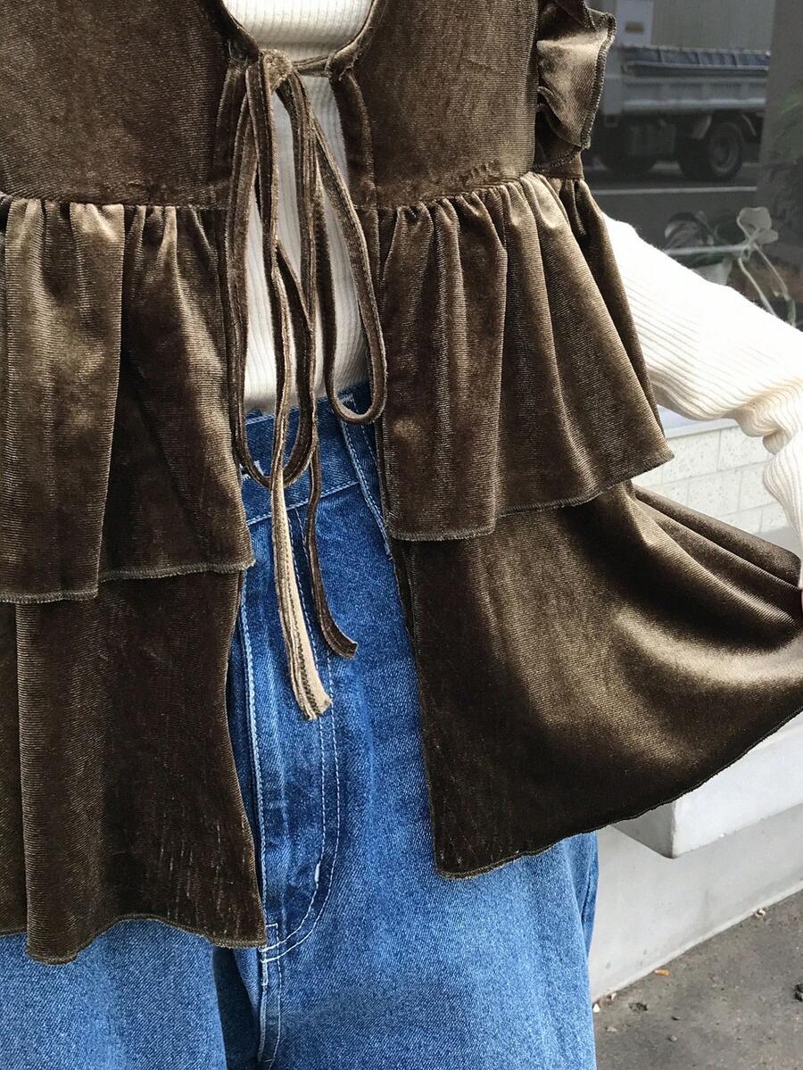 FRIFUL 女士丝绒吊带背心，多层荷叶边装饰，前襟系蝴蝶结 - 深灰色 - 查看 1