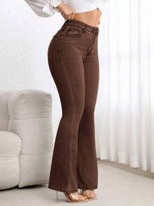 Flexra 女式高腰口袋休闲百搭喇叭裤 - 杏色 - 查看 4