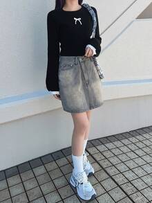 FRIFUL Women's Color Block Bow Cuff Crew Neck Long Sleeve Fitted Slim Pullover Sweater, Versatile For Autumn/Winter