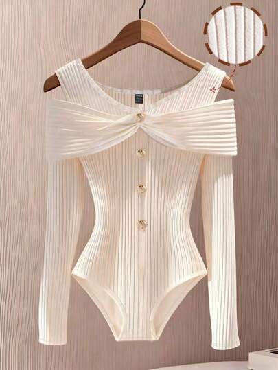 GlowEve Women's Elegant Solid Color Off-Shoulder Bodysuit, Suitable For Spring And Autumn