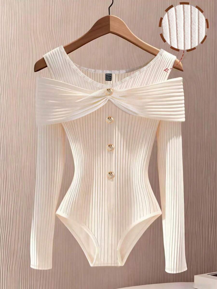 GlowEve Women's Elegant Solid Color Off-Shoulder Bodysuit, Suitable For Spring And Autumn - Apricot - View 1