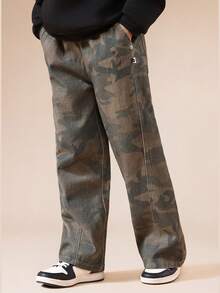 SUMWON Boys Wide Leg Camo Print Twill Pants With Side Pockets Full Length Casual Everyday Wear Military Inspired Woodland Pattern Loose Fit Durable Comfortable Autumn Fall Winter Playground School Vacation - Army Green - View 4