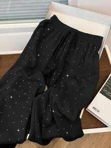 GlowEve Long Black Knitted Straight Leg And Fleece Sweatpants Rhinestone Sweatpants For Women Casual Style - Black - View 4