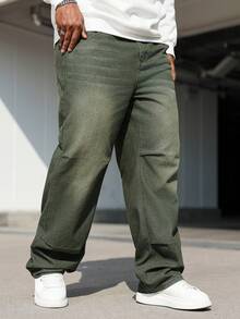Manfinity Homme Plus Size Men's Casual Everyday Washed Slant Pocket Straight Leg Jeans Men S Loose Straight Leg Casual Pants - Army Green - View 8