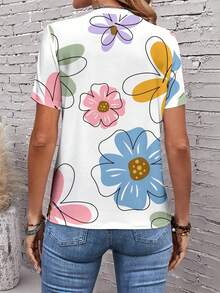 EMERY ROSE EMERY ROSE Versatile Floral Pattern Casual Boho Minimalist Round Neck Short Sleeve Loose T-Shirt For Women, Spring/Summer Vacation White Floral, Petite Women - Multicolor - View 2